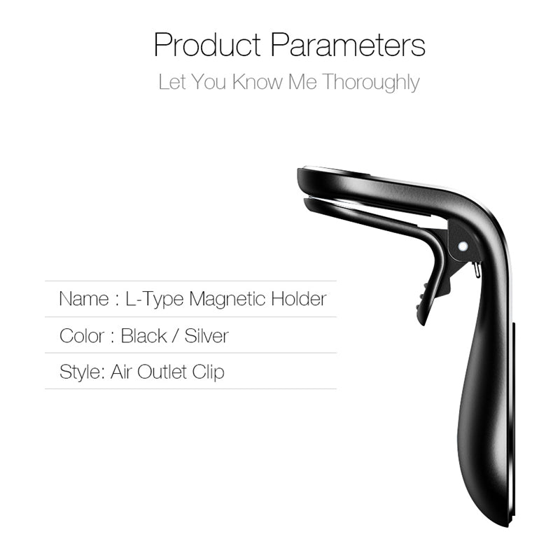 L-type magnetic car air vent clip phone holder, black and silver metal stand