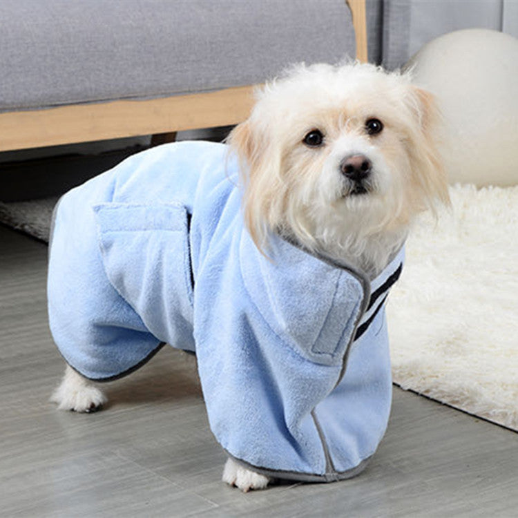 Pet microfiber absorbent towel bathrobe, light blue with dark trim and hood opening