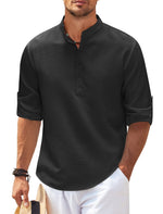 Men's textured stand-collar shirt, black, short sleeves, henley-style placket