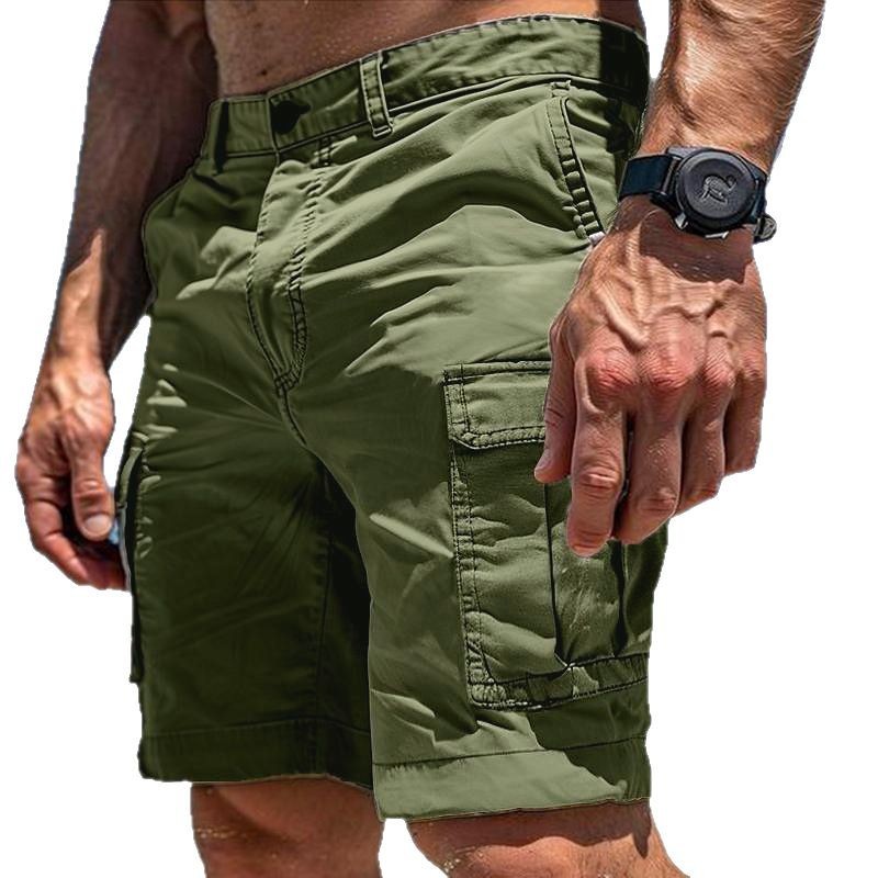 Men's cargo shorts in olive green with button-and-zip fly and stitched cargo pockets