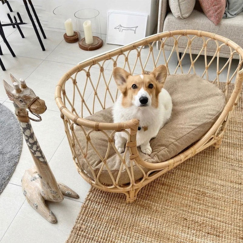 Handmade rattan pet bed with tan cushion and beige woven frame, dog sitting inside