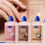 KORMESIC cocoa body oil bottle among three body oil bottles with blue caps