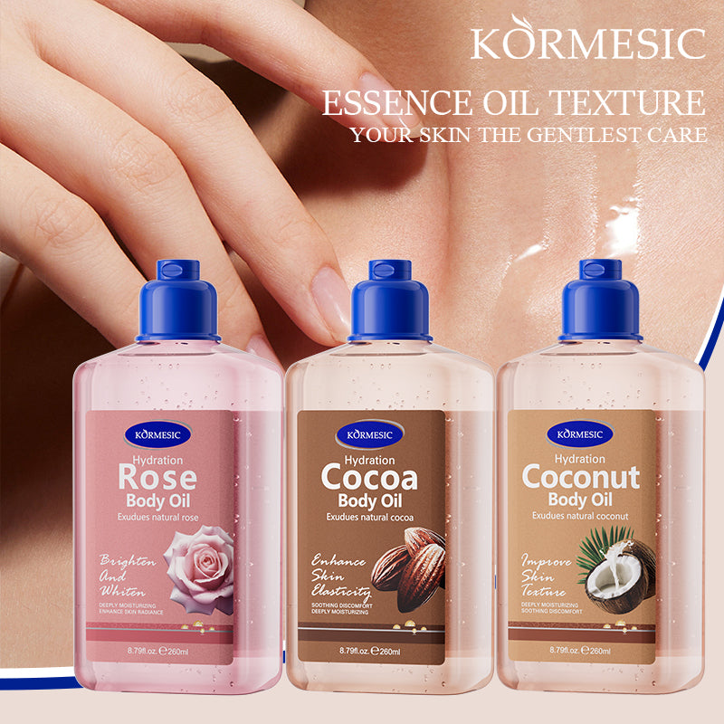 KORMESIC cocoa body oil bottle among three body oil bottles with blue caps