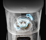 White and black smart pet automatic feeder with open hopper and feeding base