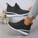 Women's rhinestone wedge sneakers, black knit lace-up with sparkle geometric design
