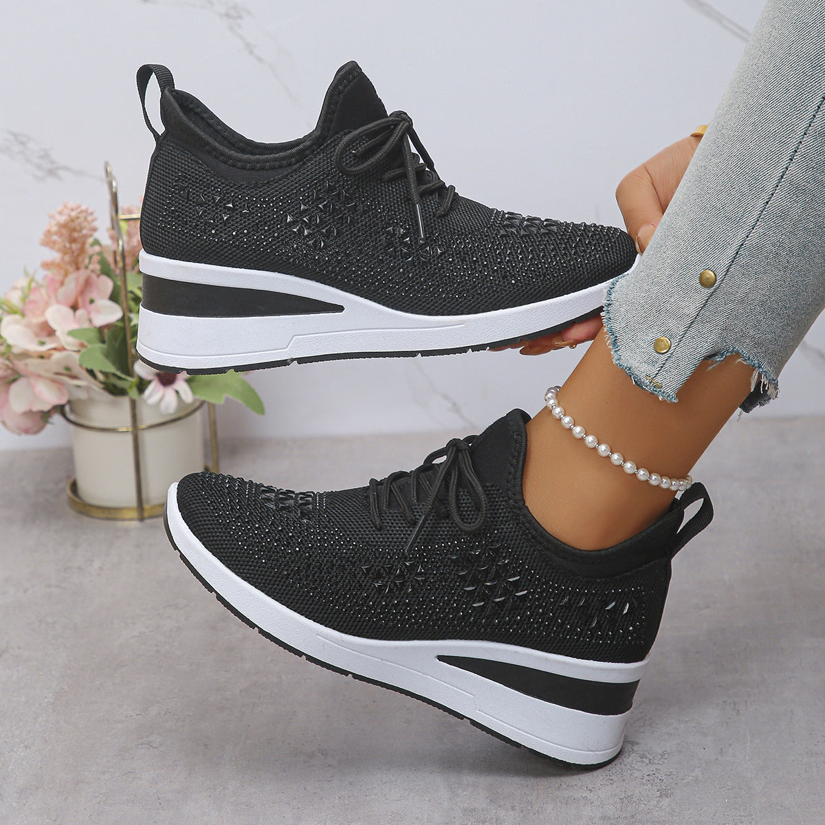 Women's rhinestone wedge sneakers, black knit lace-up with sparkle geometric design