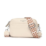 Beige small square leather crossbody bag with zip top and wide rhombus embroidered strap