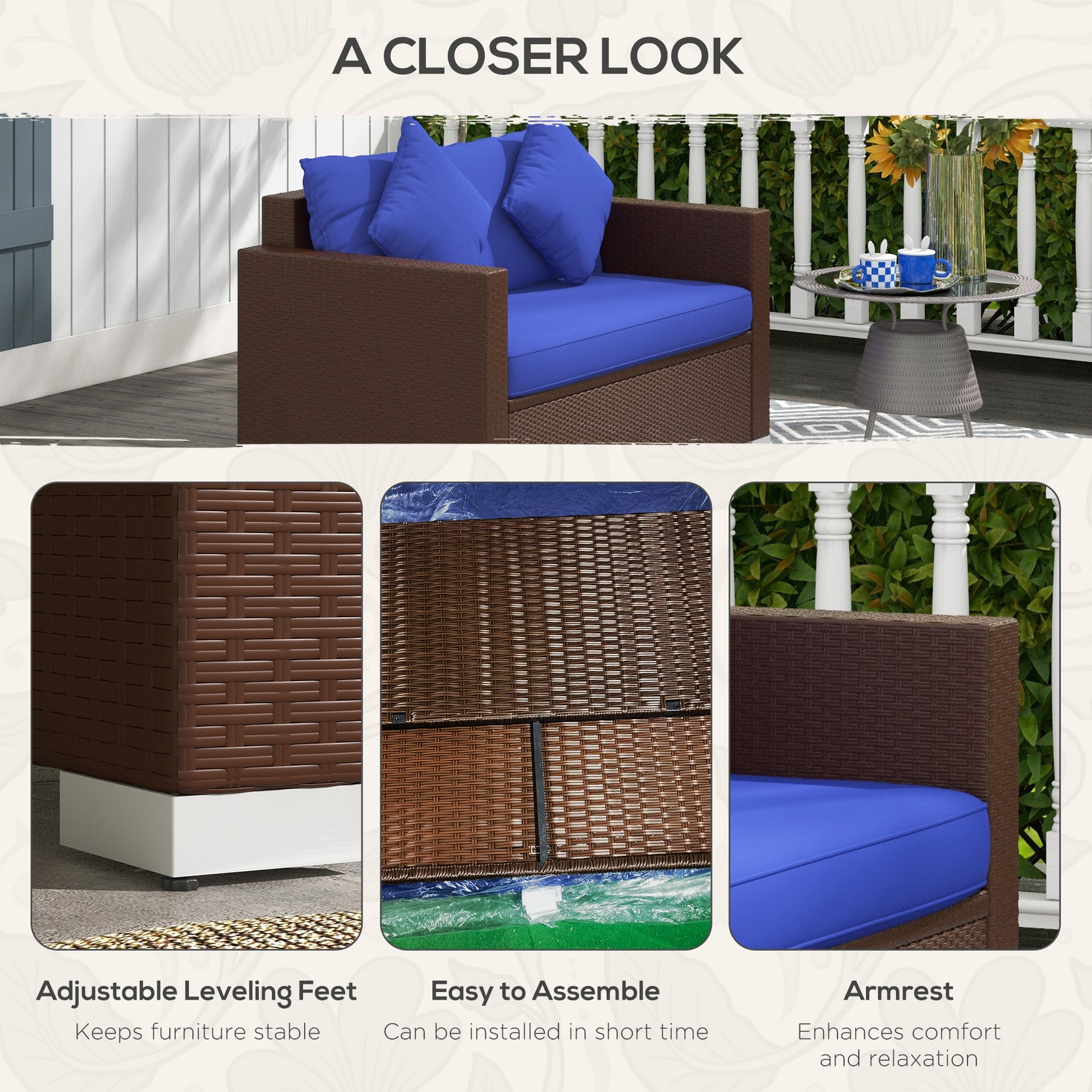 Outdoor Wicker Loveseat – 2-Seat PE Rattan Patio Sofa, Dark Blue