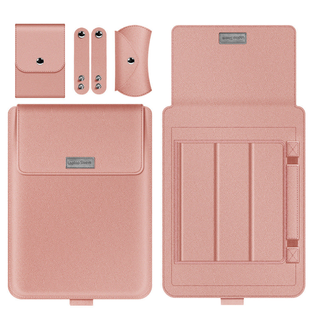 Rose gold PU leather laptop sleeve bag with front flap and snap closure, card slot