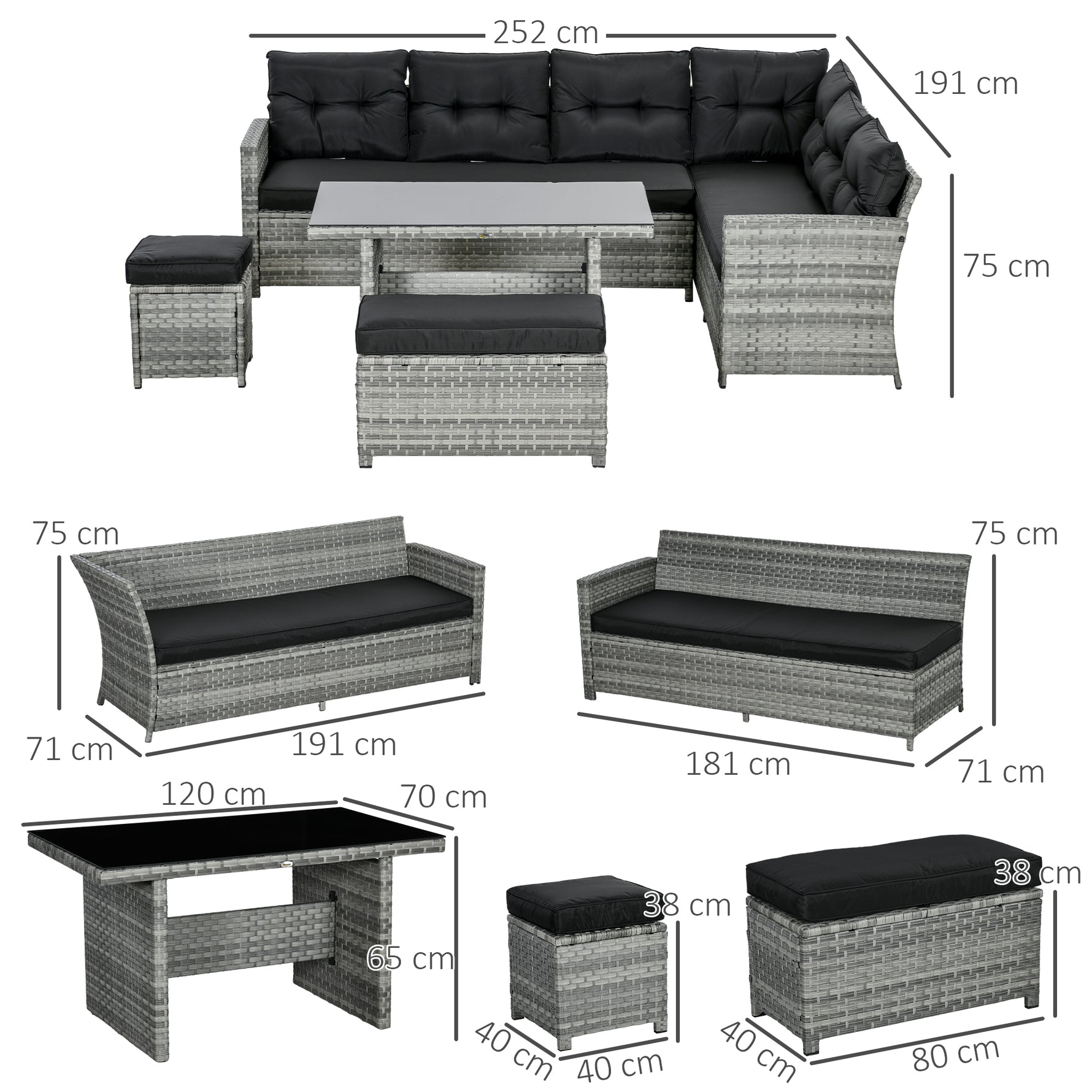 Juego de muebles de patio de ratán de 5 piezas – Dos sofás de 3 plazas, gris mixto