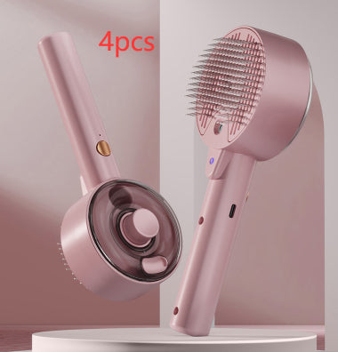 Pet hair remover brush set (4pcs) in pink with self-cleaning bowl