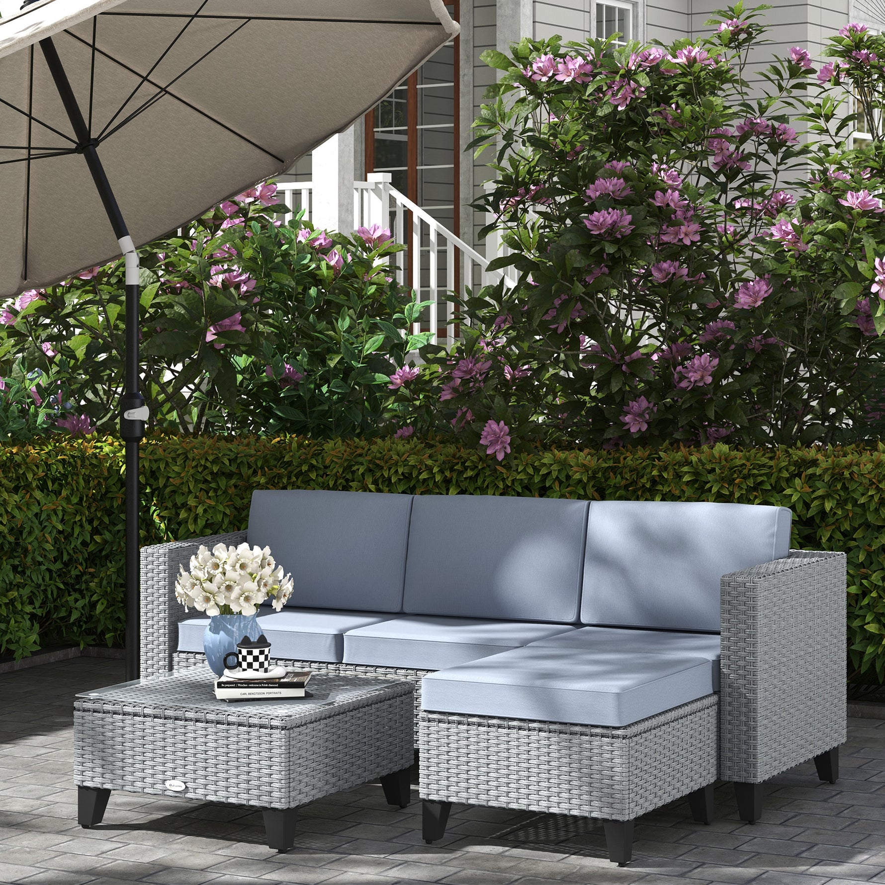 5-Piece Rattan Patio Furniture Set With Corner Sofa, Footstools, Coffee Table, For Poolside, Grey