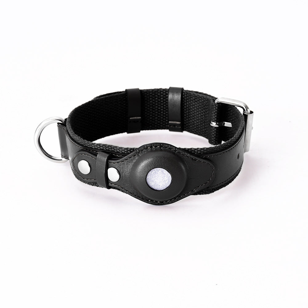 Black leather pet collar tracker with protective pouch, D-ring, and metal buckle