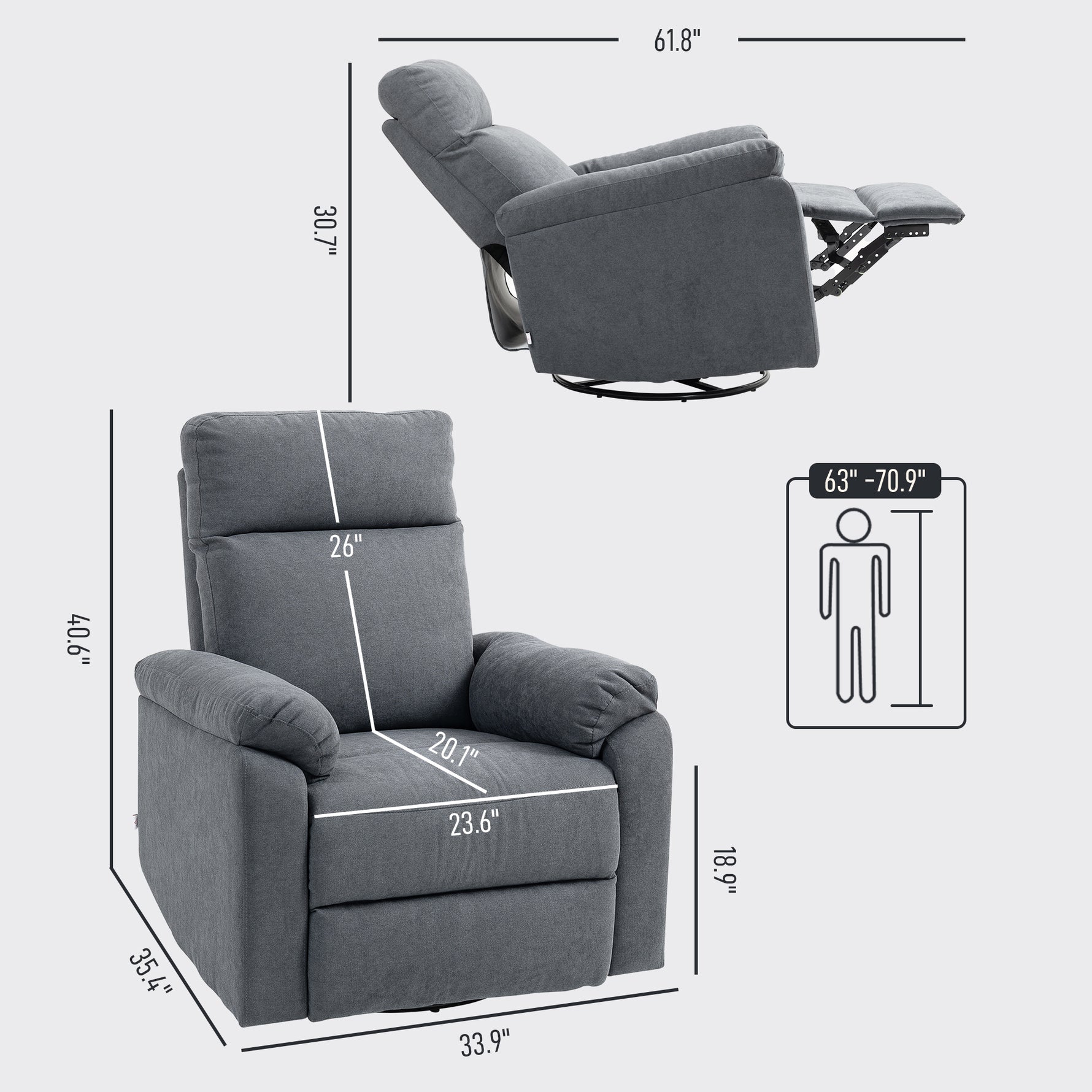 Sillón reclinable giratorio ancho – Balancín 360°, resortes ensacados, gris