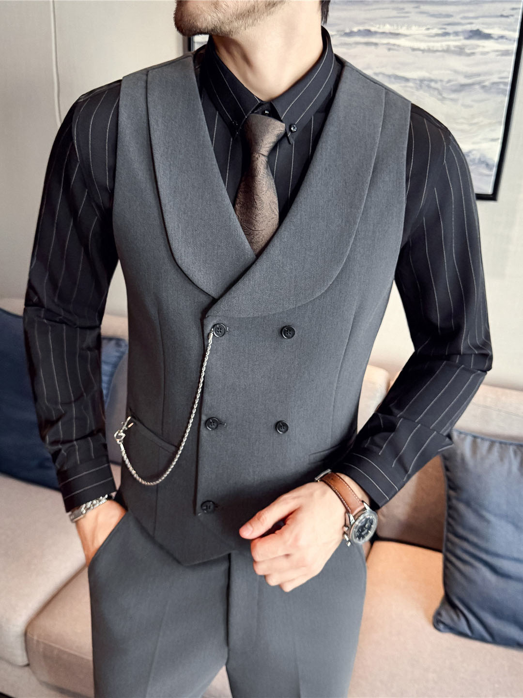 Stylish Men's Double-Breasted Shawl Collar Vest in Yarn-Dyed Fabric