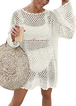 Women’s crochet hollow beach cover-up sweater, white crochet with bell sleeves