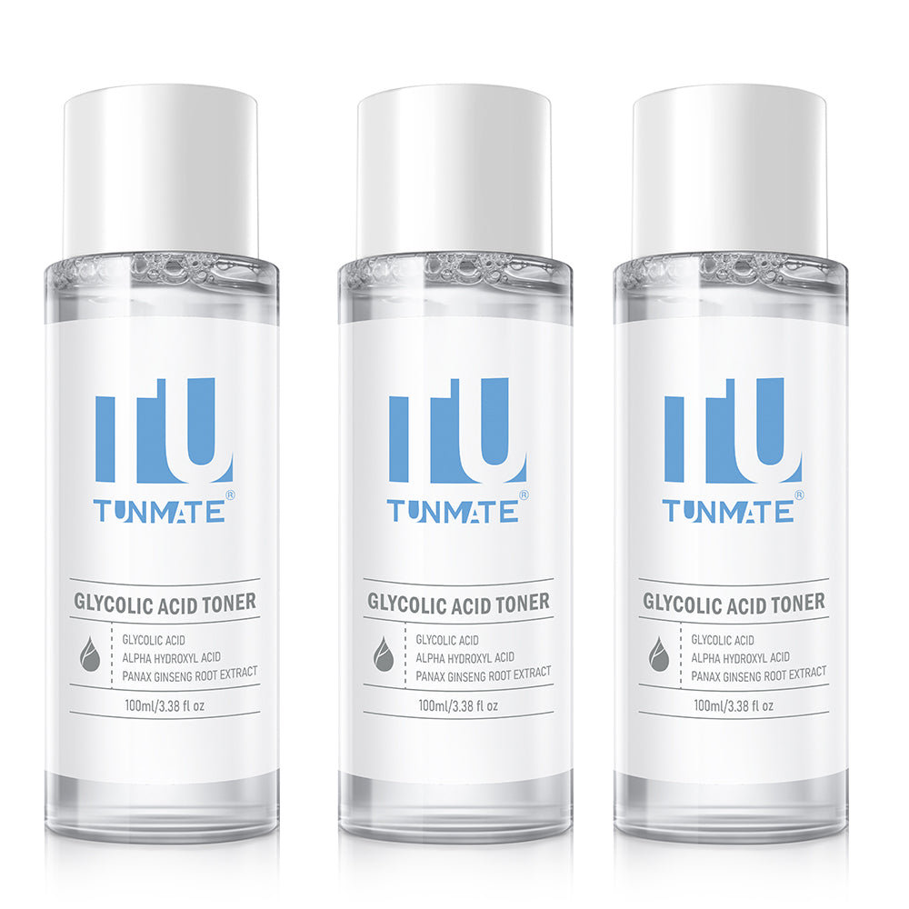 Tunmate glycolic acid toner bottles (3) with blue labels and clear liquid
