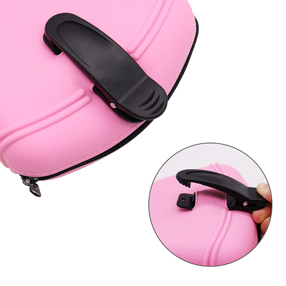 Pink silicone dog treat pouch with black handle and zipper detail