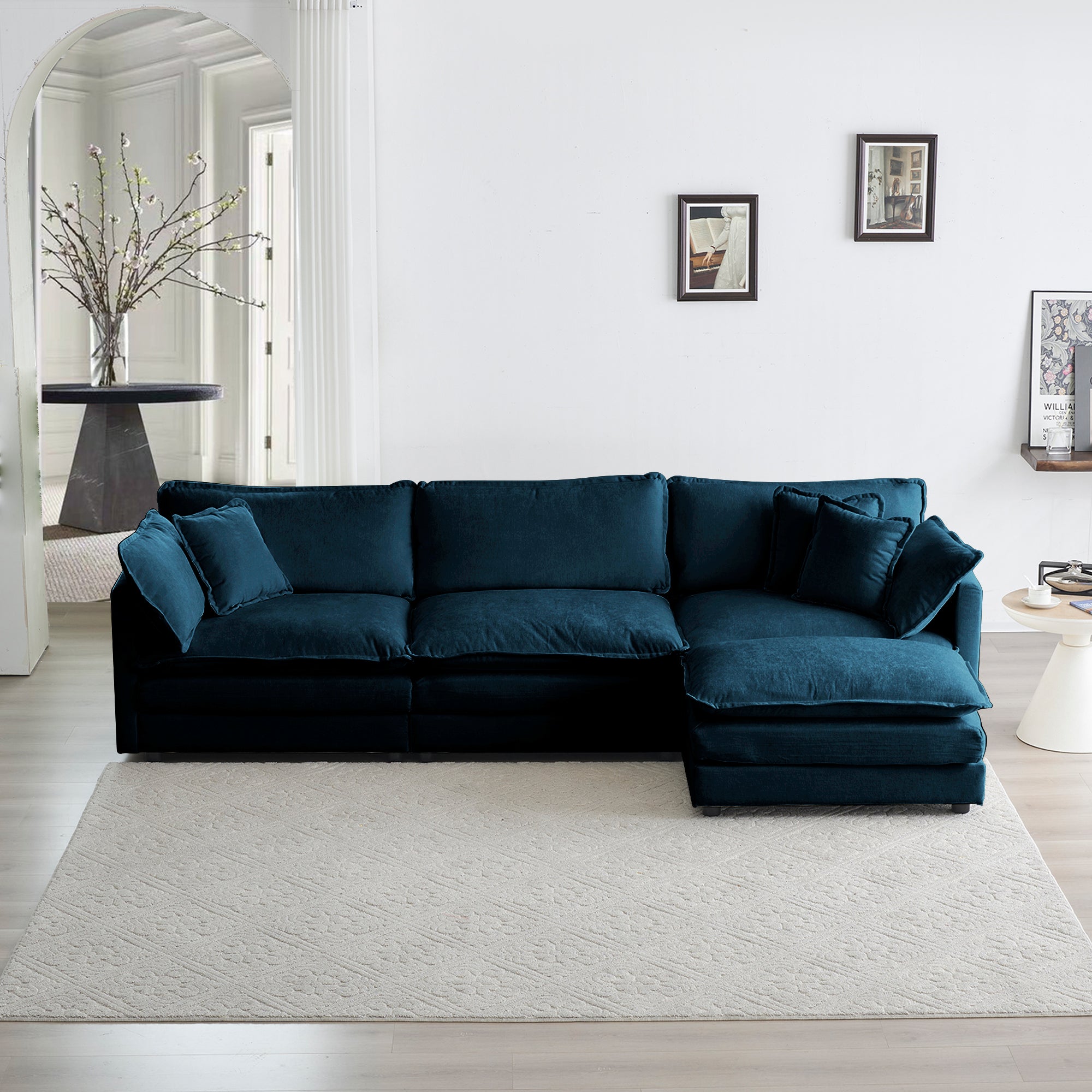 Sofá seccional modular en forma de L de gran tamaño con tapicería cómoda y combinación libre, con otomana reversible, chenilla azul