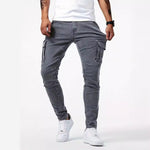 Dark gray denim cargo pants with belt loops and cargo flap side pockets