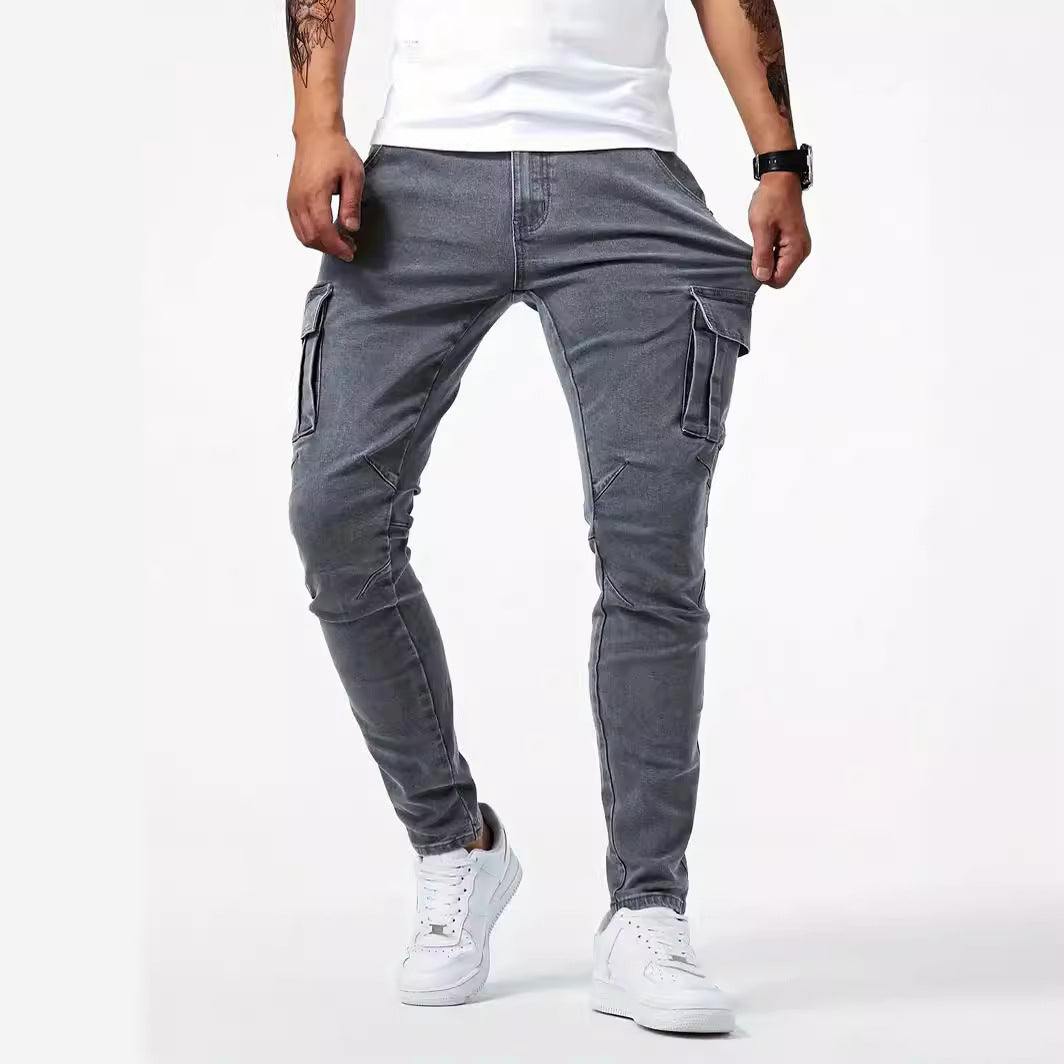 Dark gray denim cargo pants with belt loops and cargo flap side pockets