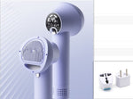 Pet hair dryer with grooming brush head and digital screen on handle, purple body