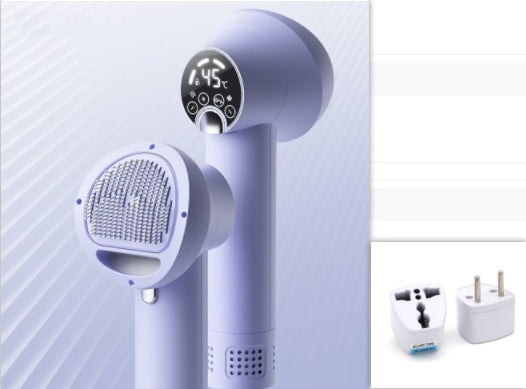 Pet hair dryer with grooming brush head and digital screen on handle, purple body