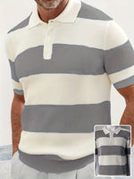 Men's short-sleeve knit polo sweater with gray and cream horizontal color-block stripes