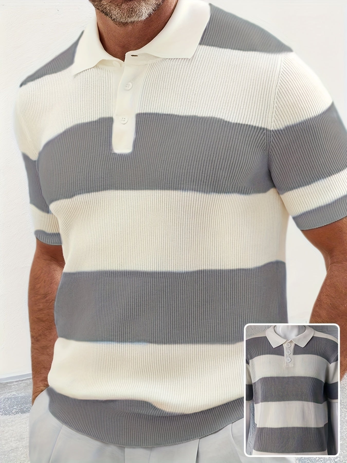 Men's short-sleeve knit polo sweater with gray and cream horizontal color-block stripes