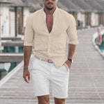 Men's casual cotton button-up shirt, beige, V-neck placket, 3/4 sleeves