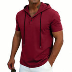 Men's short-sleeve hoodie Henley T-shirt with drawstring, wine red color
