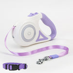 Retractable dog leash set, purple and white case with purple leash and black collar