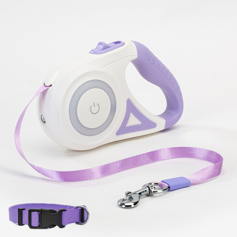 Retractable dog leash set, purple and white case with purple leash and black collar