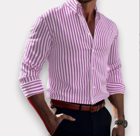 Men's pink-and-white striped long-sleeve button-up shirt, spread collar and front placket