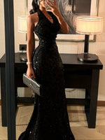 Starlit Glam Black Sequin Mermaid Gown – Dazzling Halter Neck Design with Full Sparkle Detail