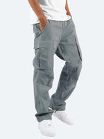 Men’s cargo pants, slate blue-gray, multi-pocket cargo style, drawstring waist