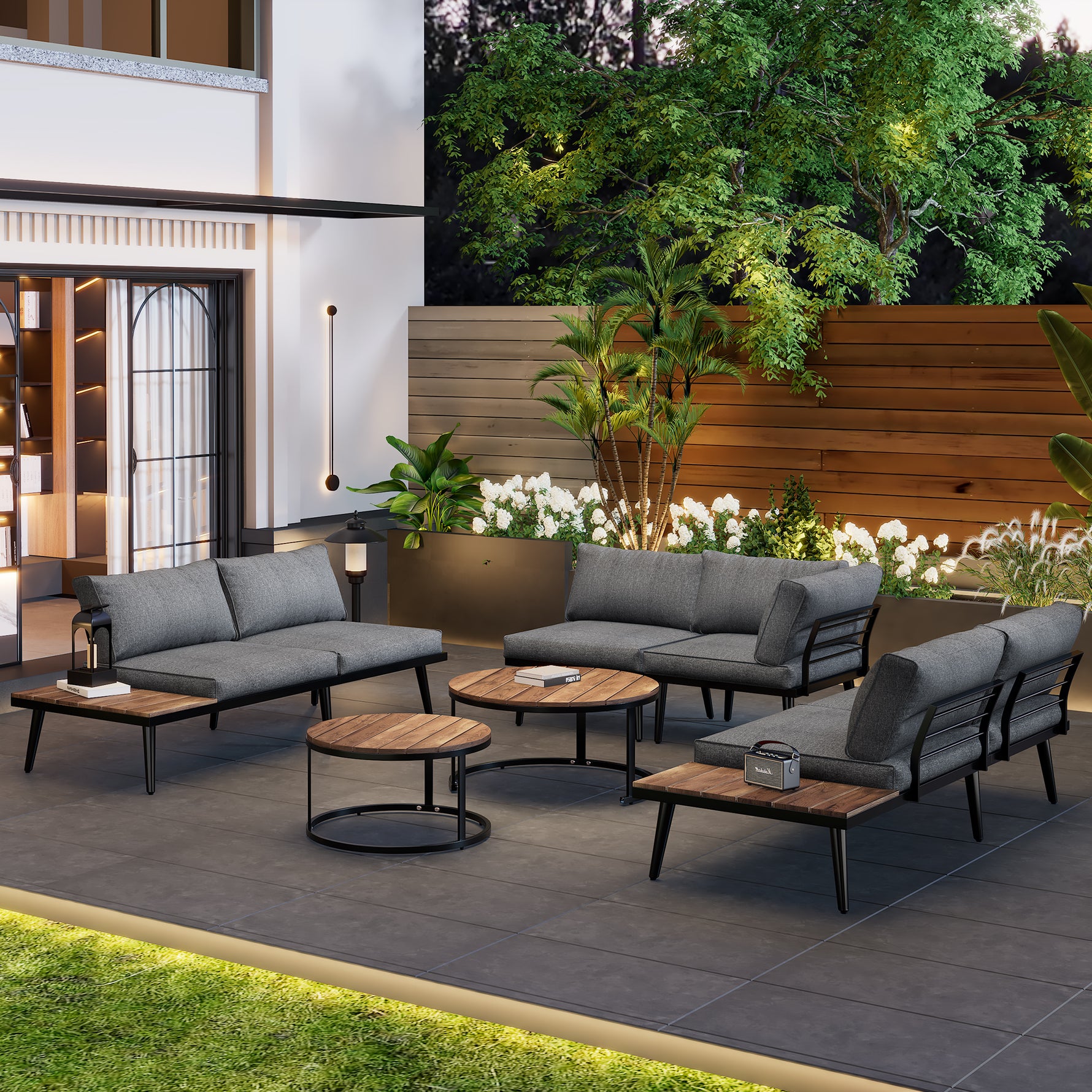 Modular Outdoor Sofa Set With Galvanized Iron Frame, Washable Cushions, Acacia Wood Nesting Tables, For Patio & Garden
