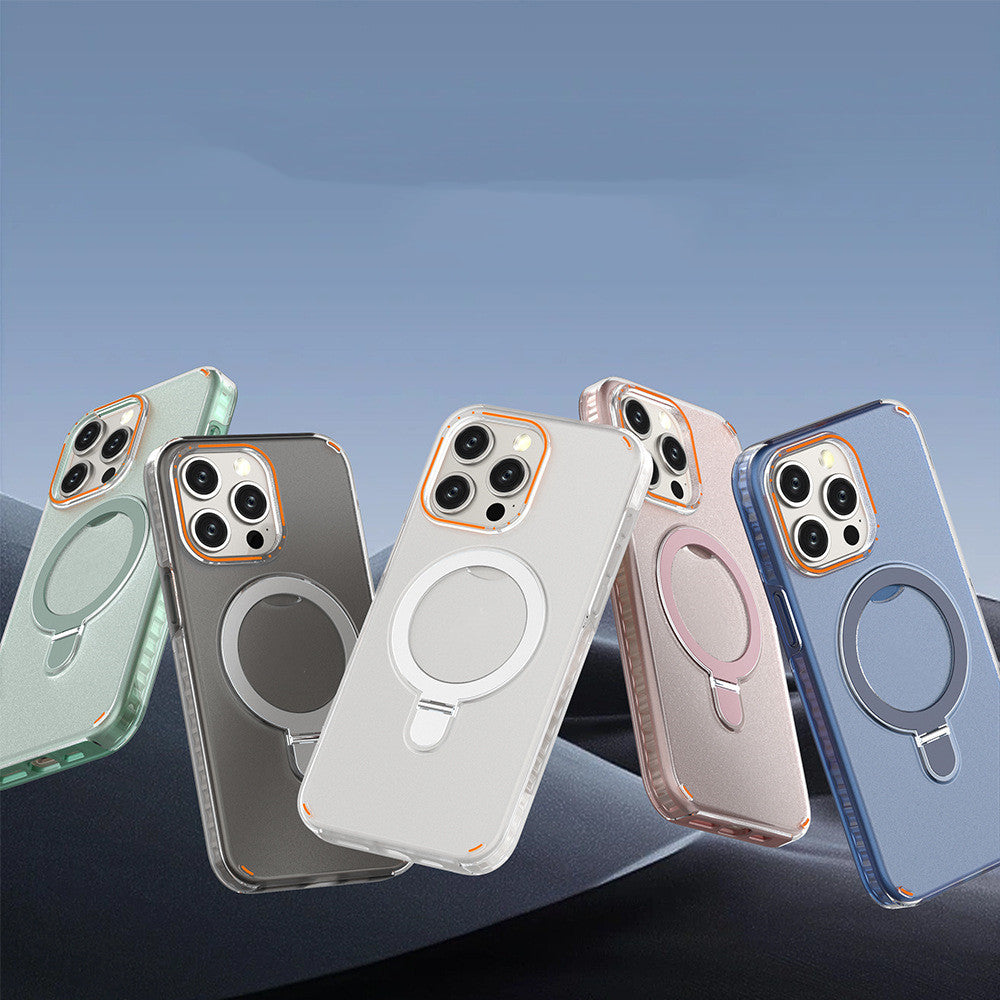 Assorted transparent phone cases with magnetic ring stand and camera cutouts