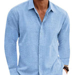 Light blue men’s long-sleeve button-front cardigan shirt with open collar and patch pocket