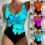 Women's one-piece swimsuit, turquoise floral print with black bottom, scoop back