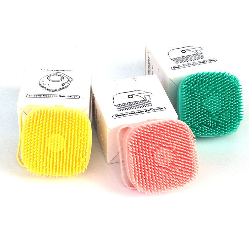 Set of silicone pet bath massage brushes: yellow, pink, and green round bristle heads