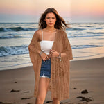 Brown sheer lace embroidered cardigan, open front, loose fit, 3/4 sleeves.