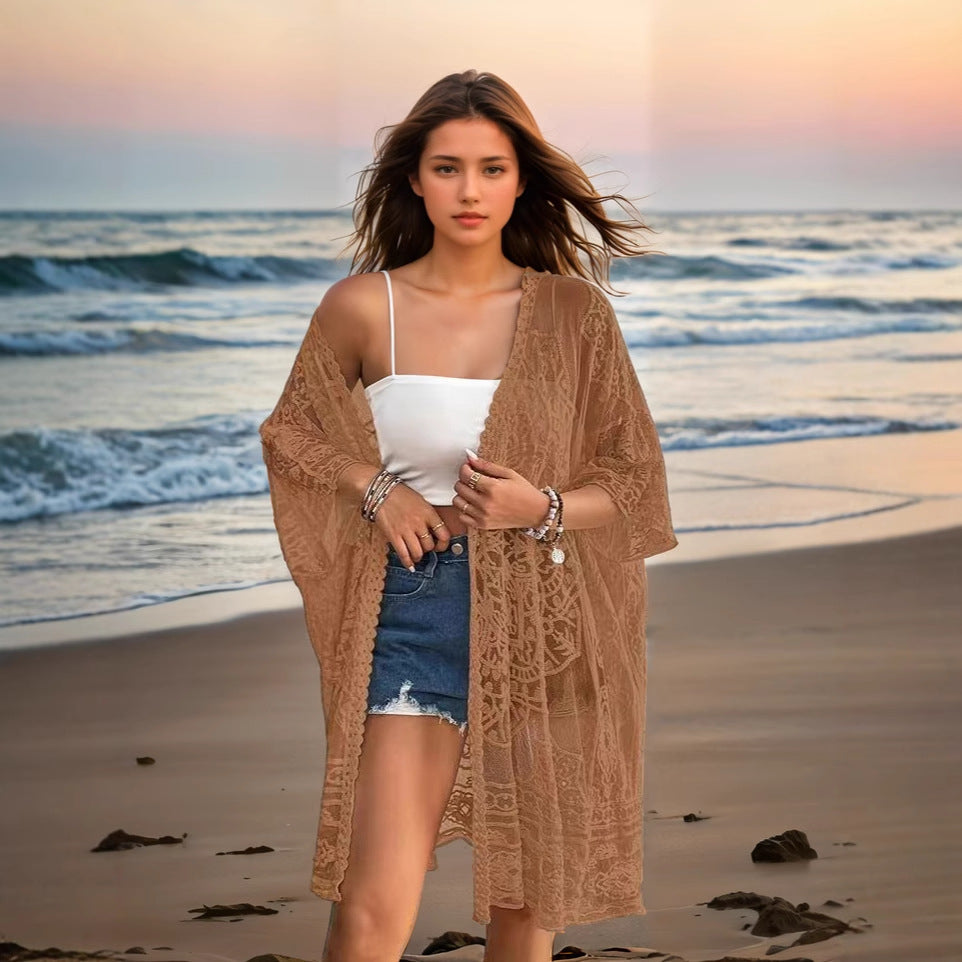 Brown sheer lace embroidered cardigan, open front, loose fit, 3/4 sleeves.