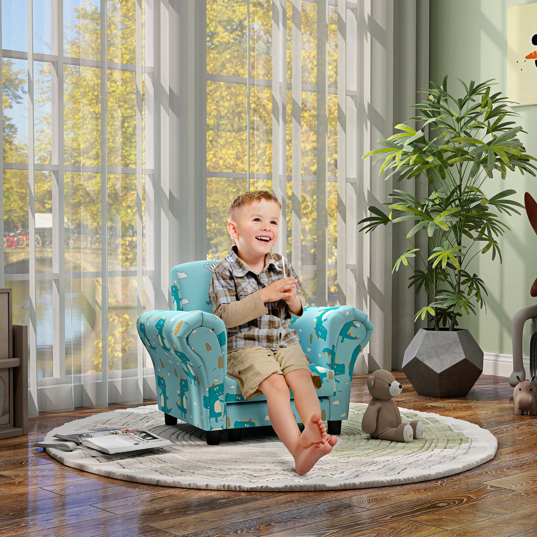 2 Piece Kids Sofa Set With Dinosaur Design, Wooden Frame, For 1.5-3 Years Old, Blue