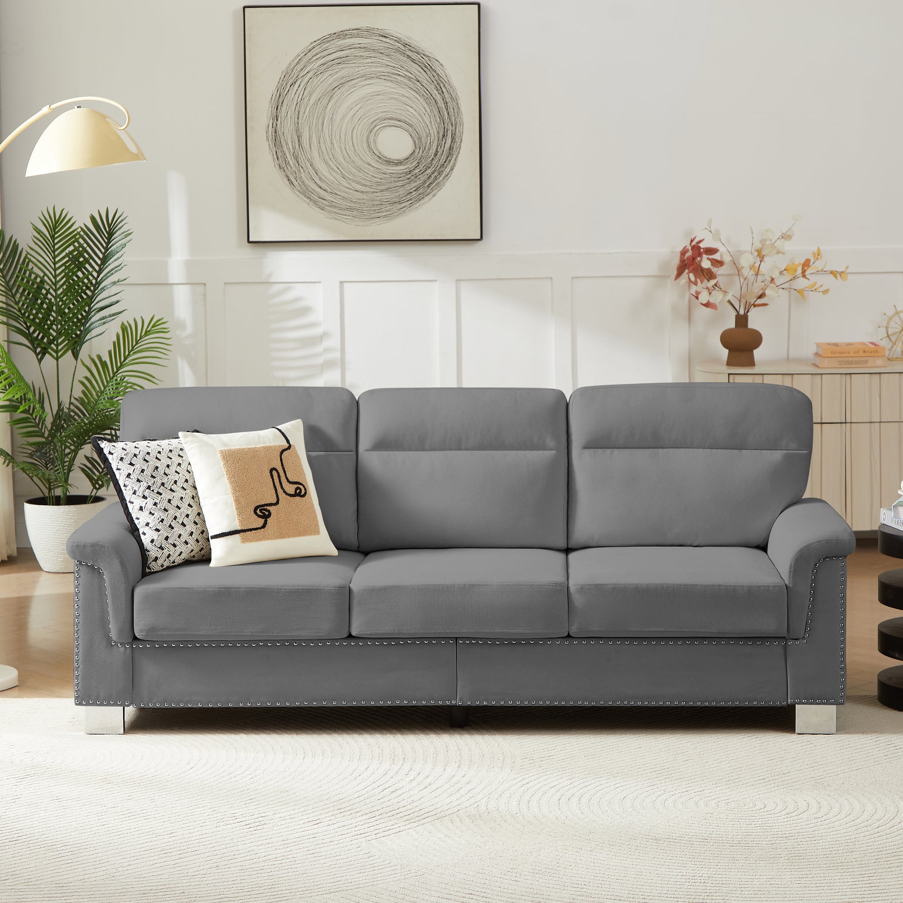 Sofá de 3 plazas de tejido Snowfleece comprimido moderno 82, para sala de estar, dormitorio, oficina y espacios de entretenimiento, gris