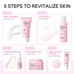 Skincare set 5-step layout with cleanser, toner, serum, eye cream, and essence cream