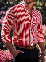 Men's striped button-up shirt, spread collar, long sleeves, vertical red-and-white stripes