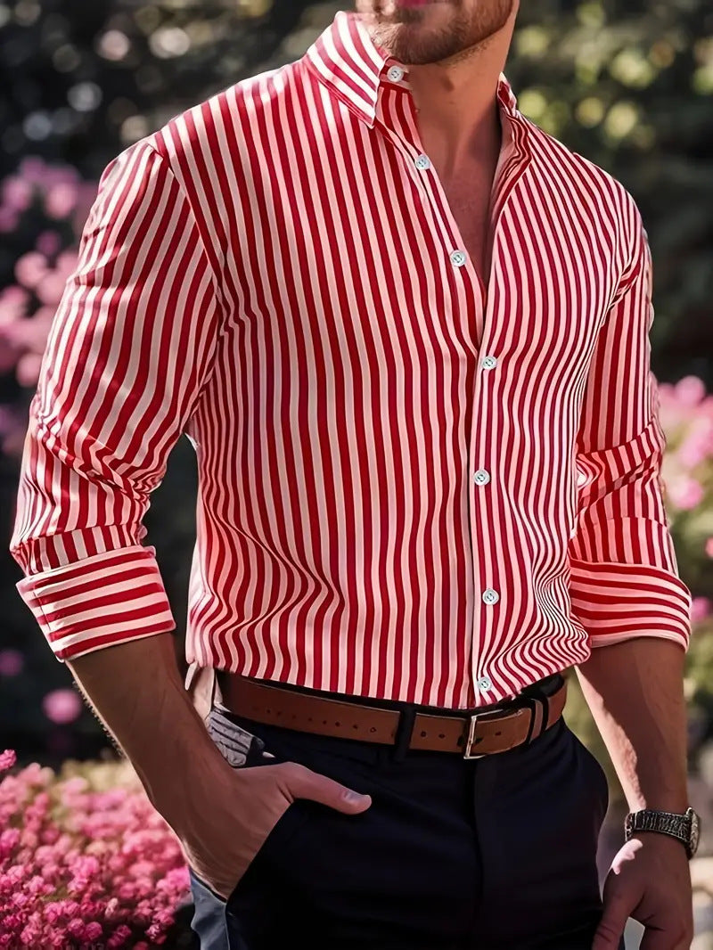 Men's striped button-up shirt, spread collar, long sleeves, vertical red-and-white stripes