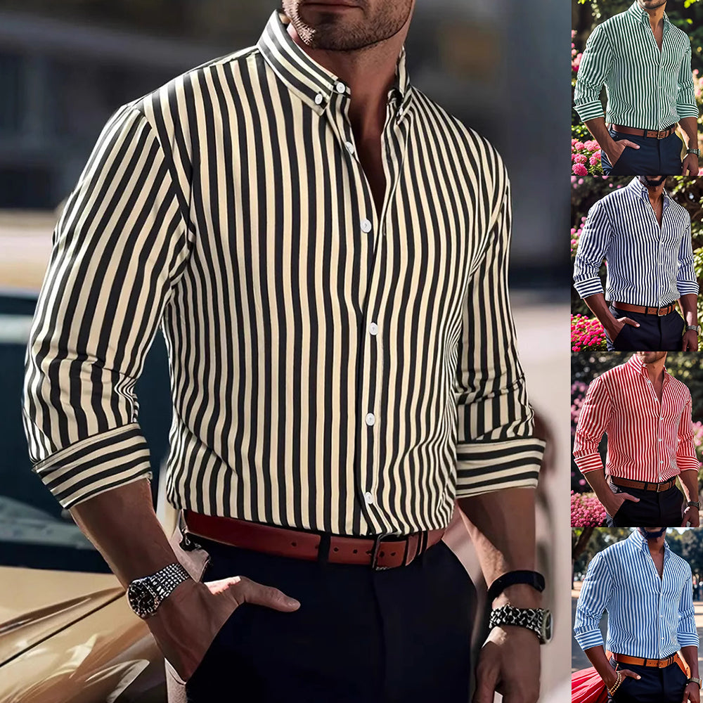 Men's striped button-up shirt, spread collar, long sleeves, vertical black-and-cream stripes