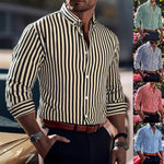 Men's striped button-up shirt, spread collar, long sleeves, vertical black-and-cream stripes